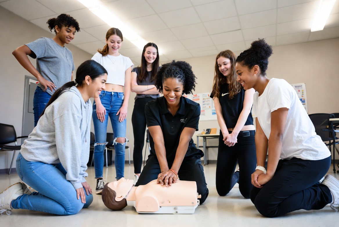 Teens learning CPR